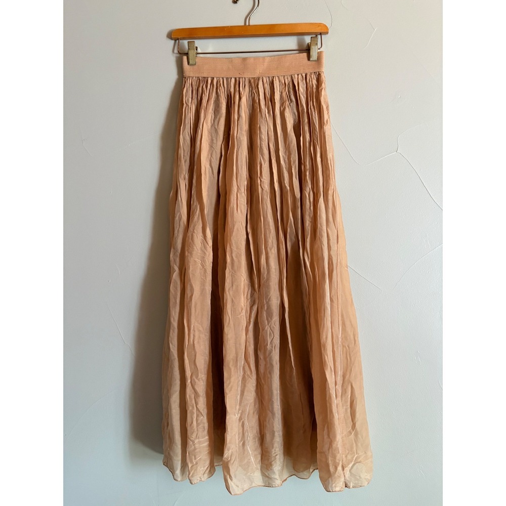 Garconne Italy Silk Viscose Maxi Skirt Nude Tan Crinkle Layered Lined Skirt SZ S